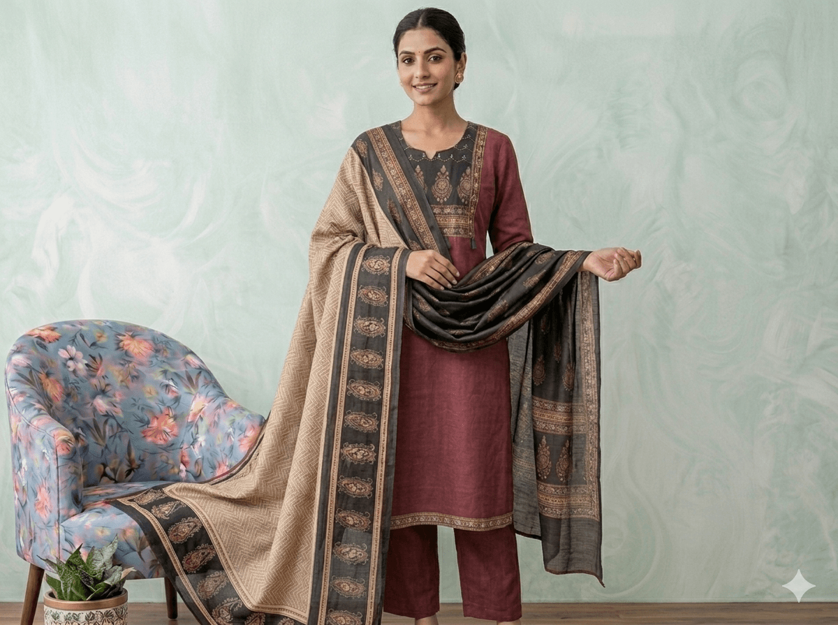 Maroon Plain cotton dress with printed yoke. — Cotton