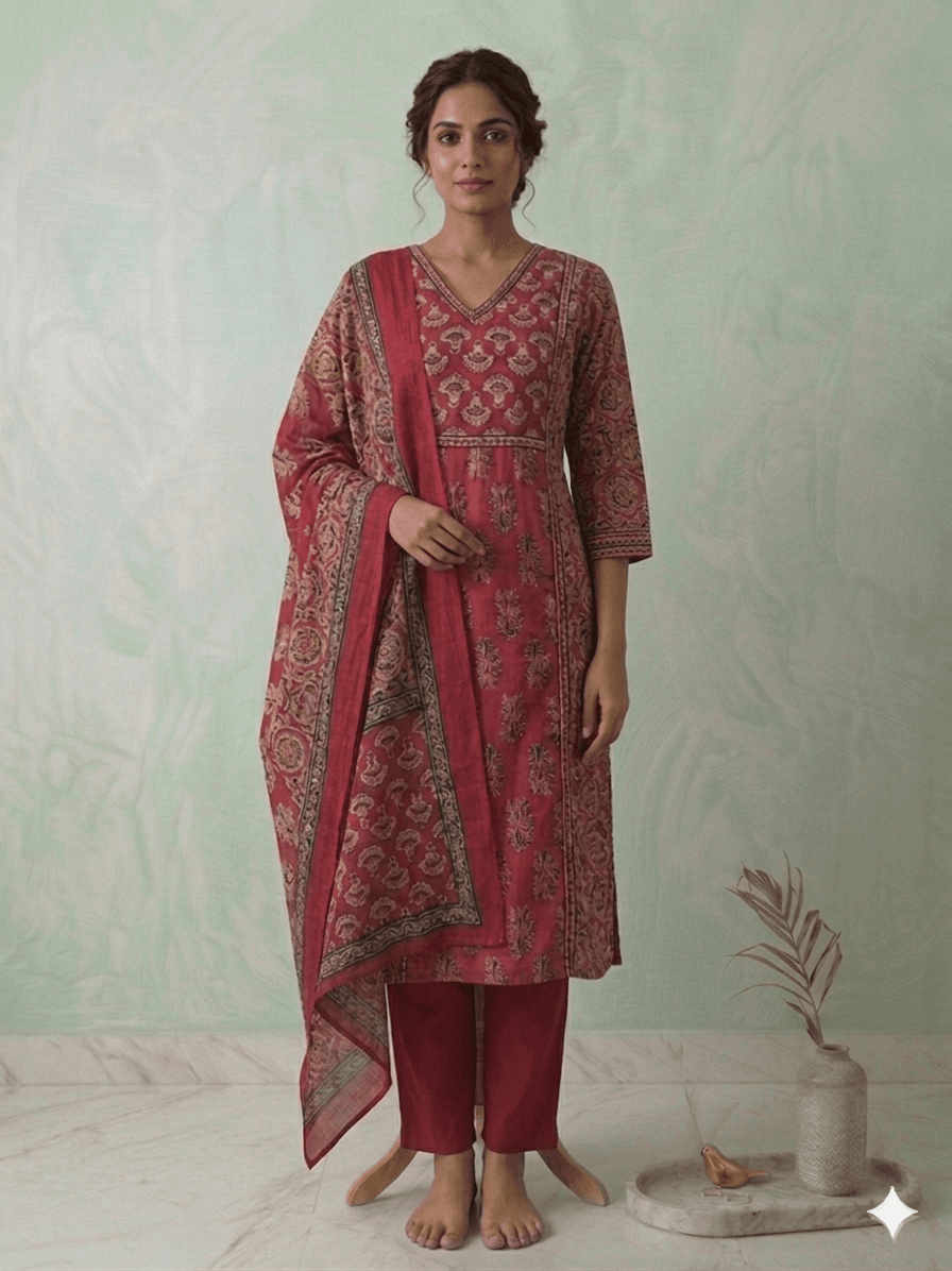 Magenta block print 3pc suit set — Pure cotton