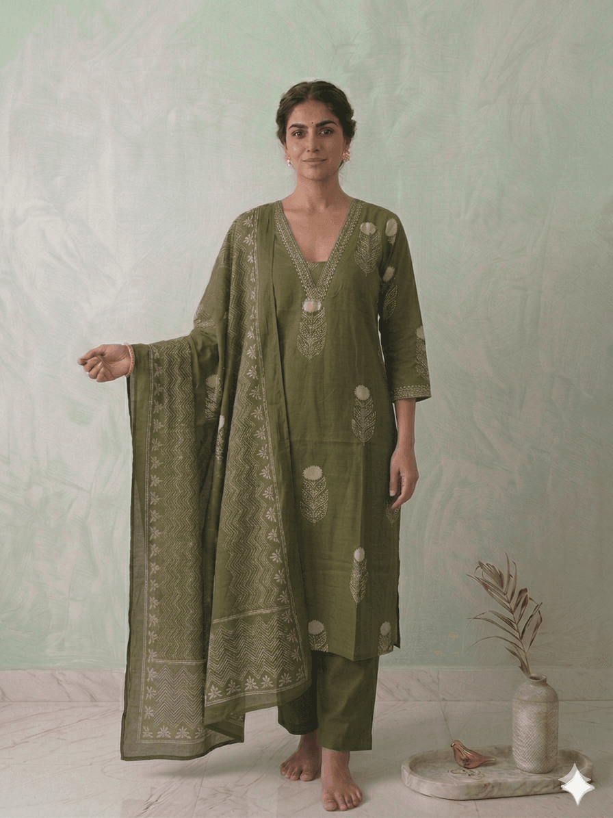 Green printed cotton 3pc set — Cotton
