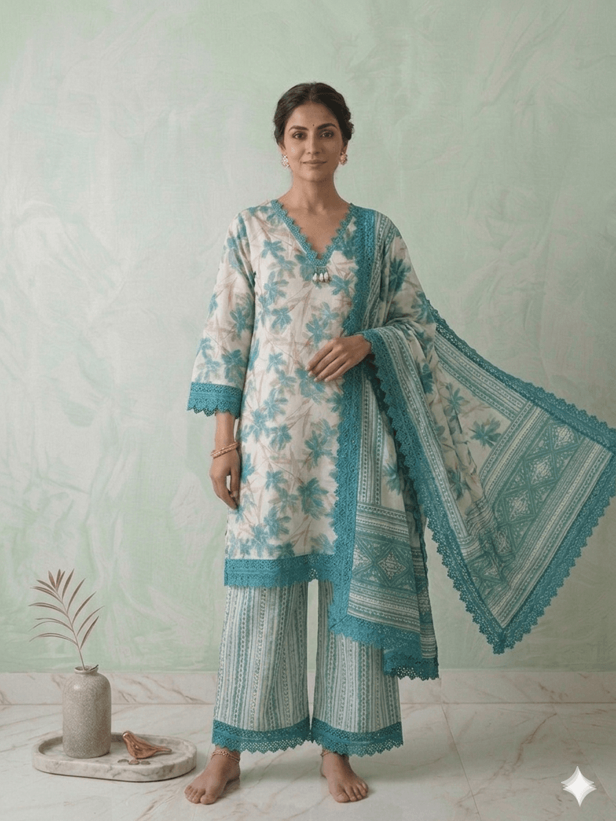 White and green floral 3pc set