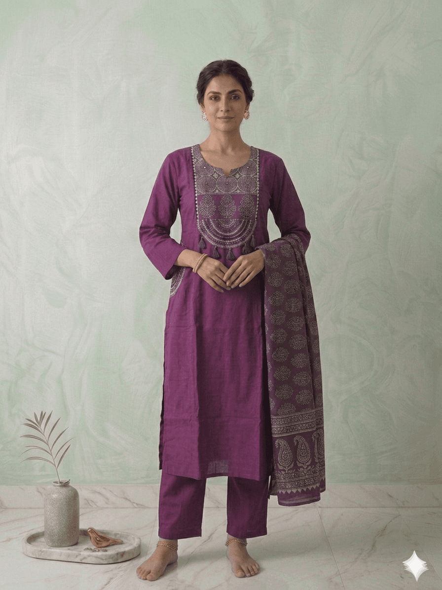 Plum 3pc set with Ajrakh yoke