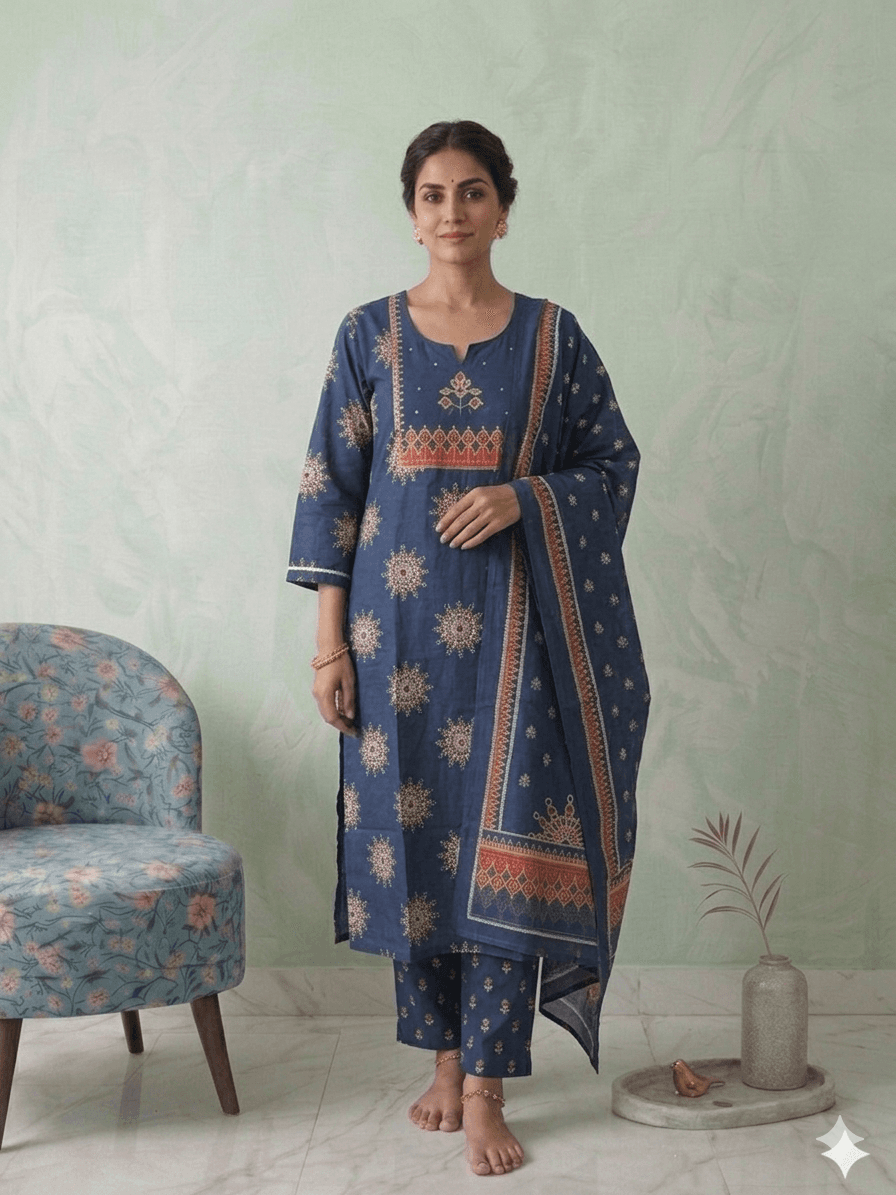 Blue and red printed suit set — Cotton