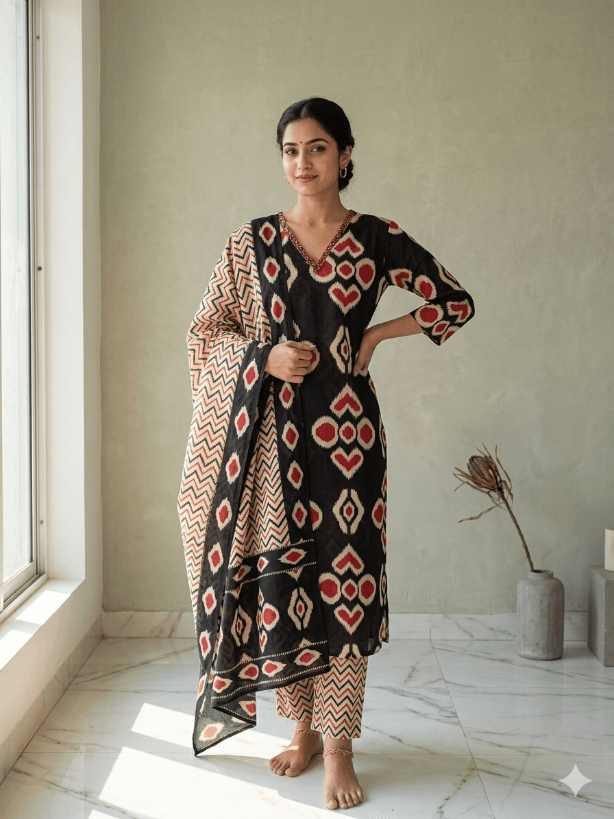 Ikat black printed suit set — Cotton