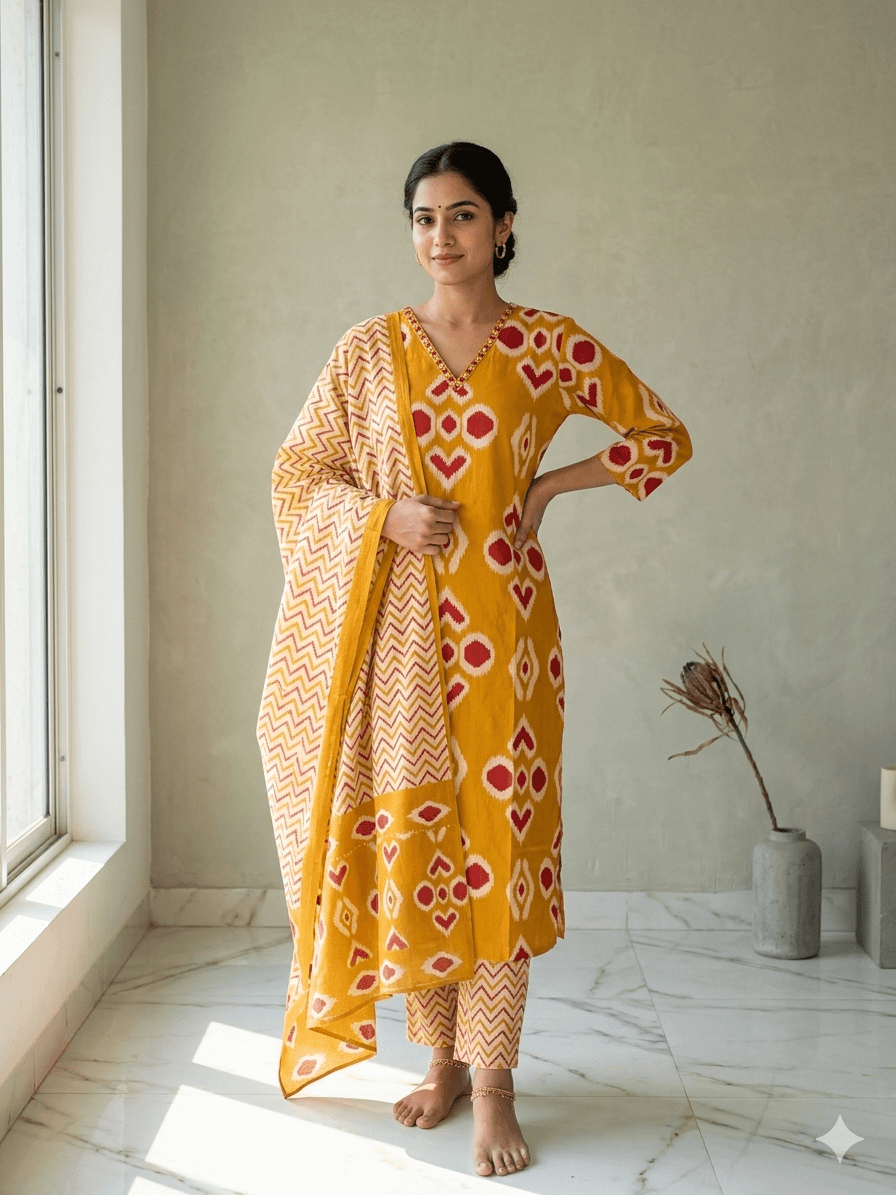 Ikat mustard printed suit set — Cotton
