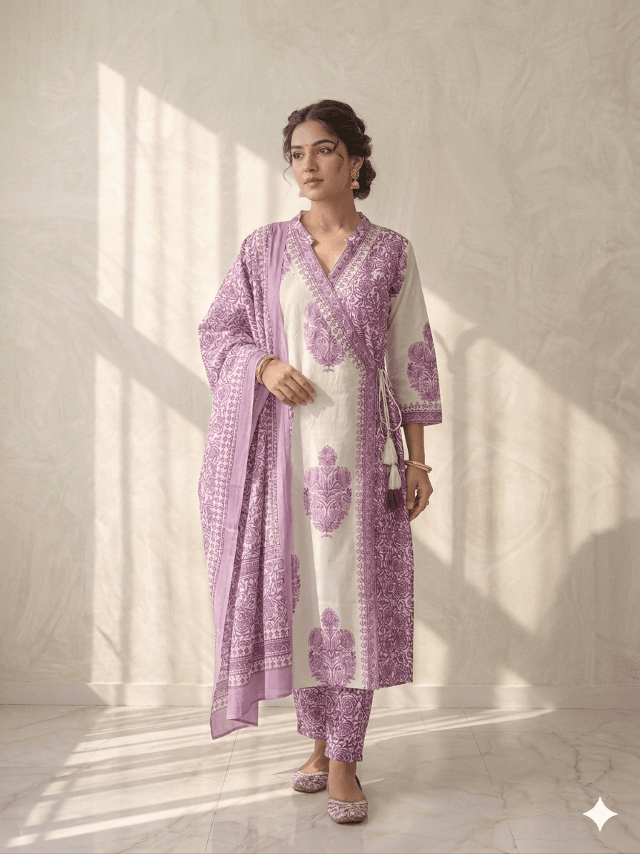 White and purple 3pc suit set. — Cotton