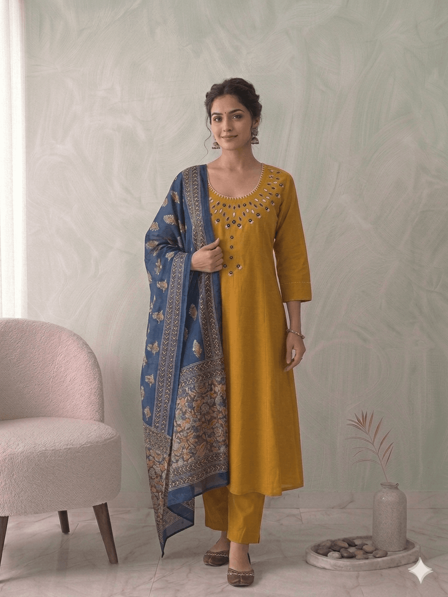 Mustard with teal 3pc set — Cotton