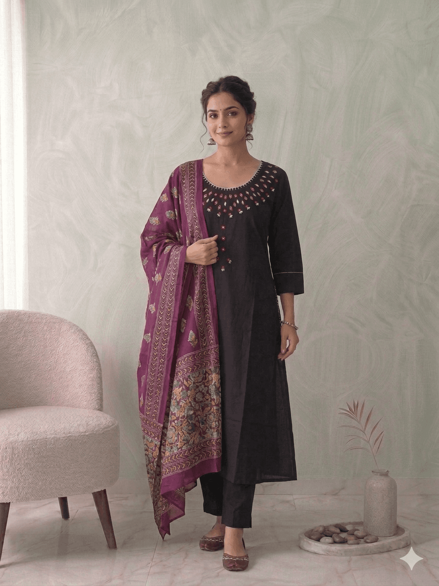 Black with magenta 3pc suit set — Cotton