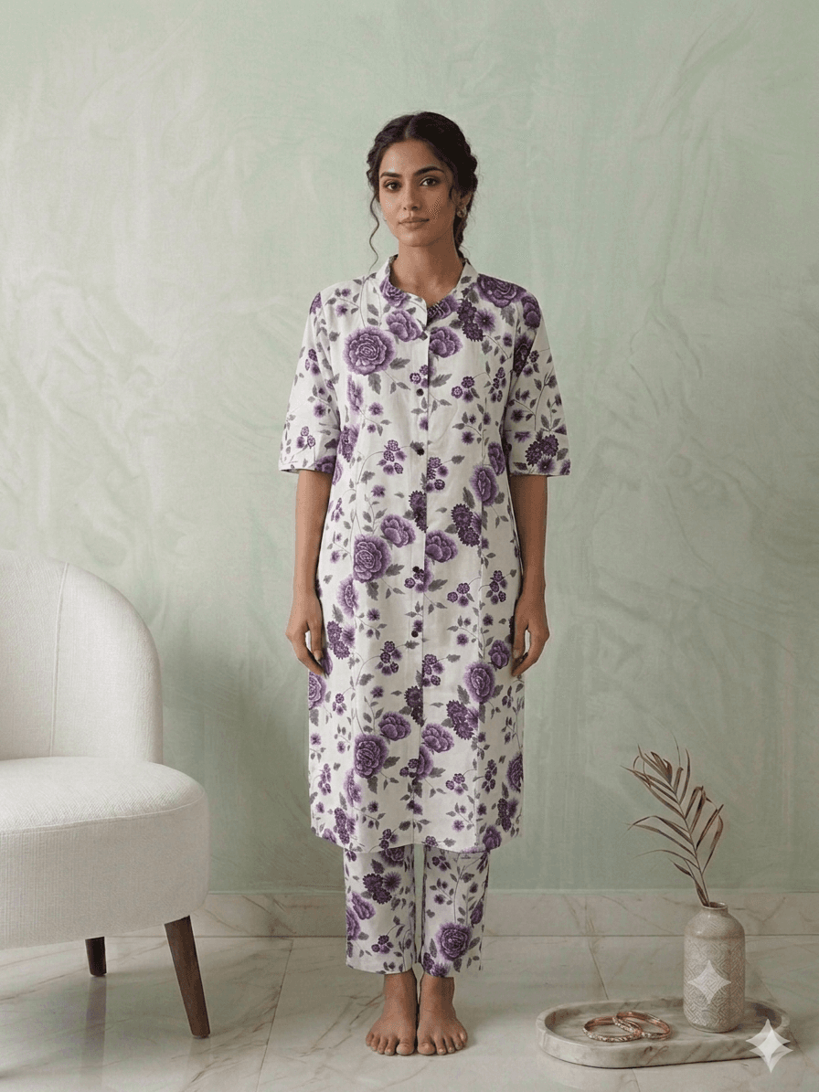 White and purple floral coord set — Cotton