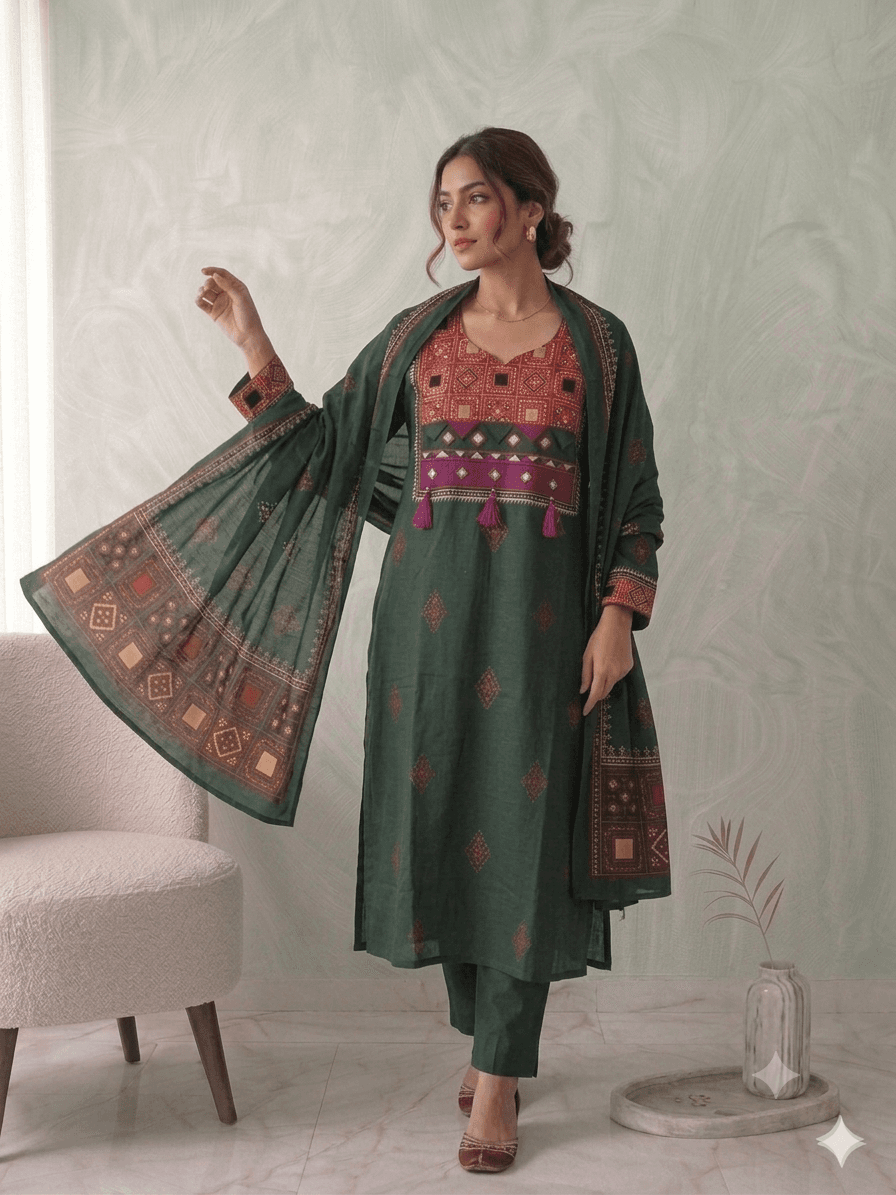 Bottle green dabu cotton suit set — Dabu cotton