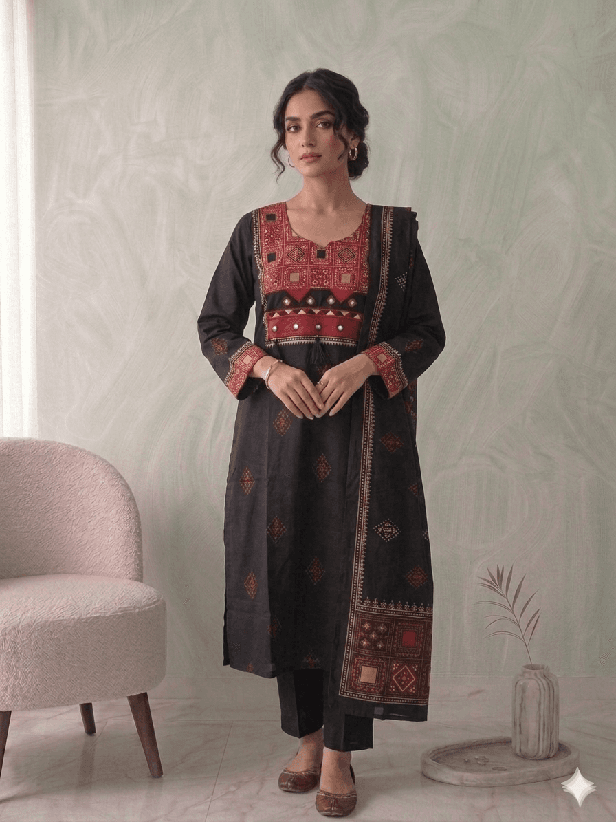 Black Dabu cotton 3pc suit set