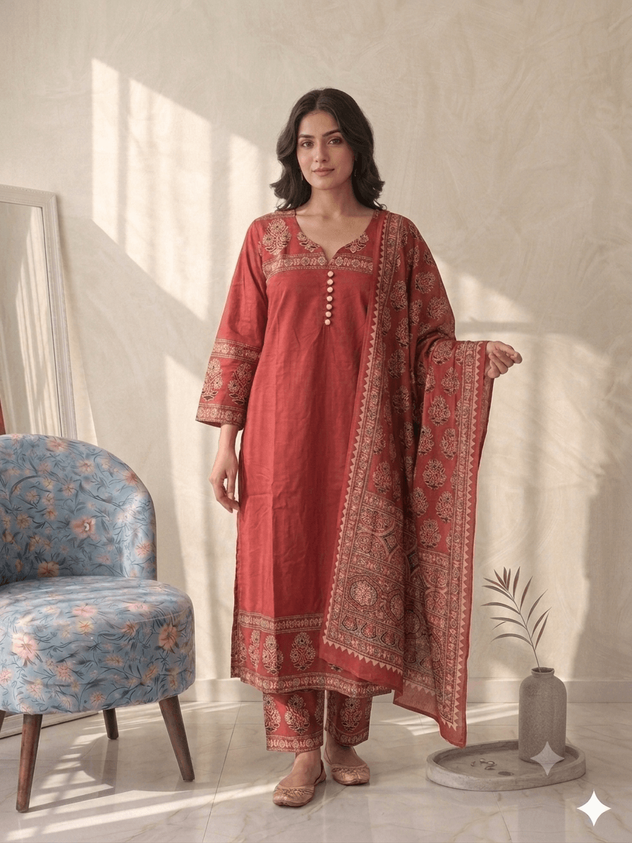 Maroon cotton with Ajrakh print