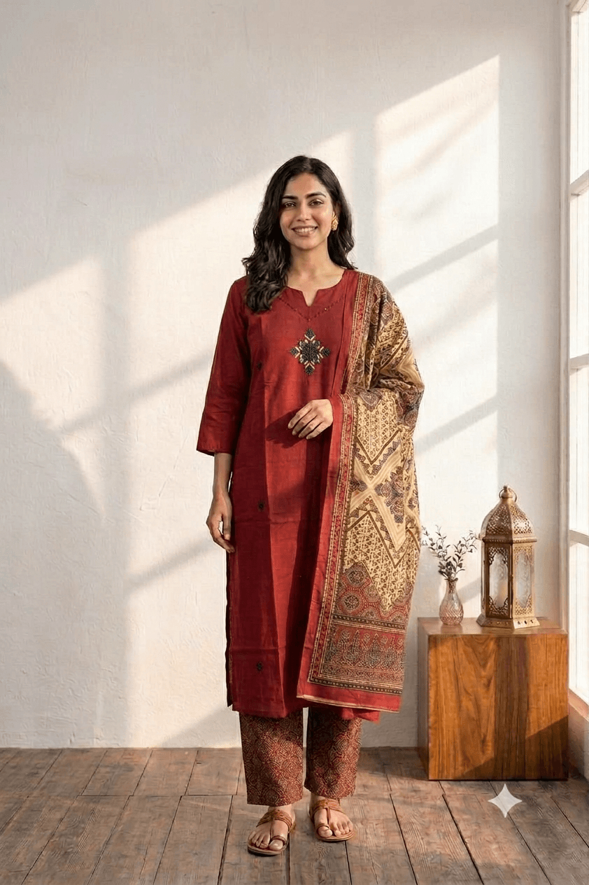 Red suit set with embroidery and Ajrakh print bottom